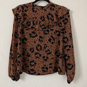 Topshop Size 8 Brown Floral Cheetah Balloon Sleeve Keyhole Back Peasant Top